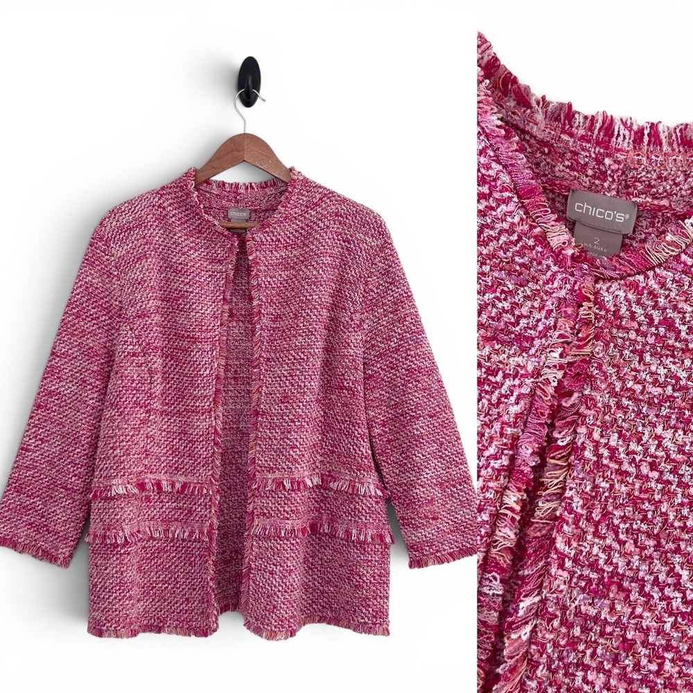 Chico's Women's Large Pink Multicolor Size 2 Tweed Cardigan Blazer Jacket NWOT